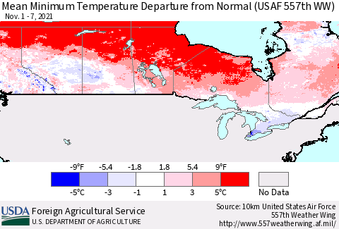 Canada Mean Minimum Temperature Departure from Normal (USAF 557th WW) Thematic Map For 11/1/2021 - 11/7/2021