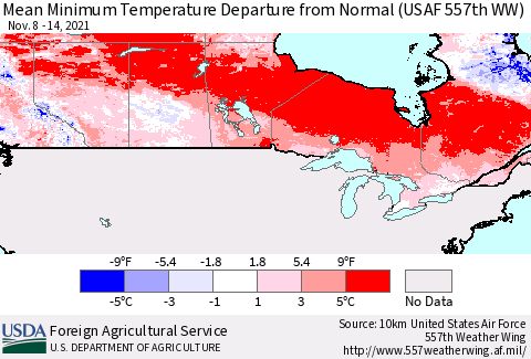 Canada Mean Minimum Temperature Departure from Normal (USAF 557th WW) Thematic Map For 11/8/2021 - 11/14/2021