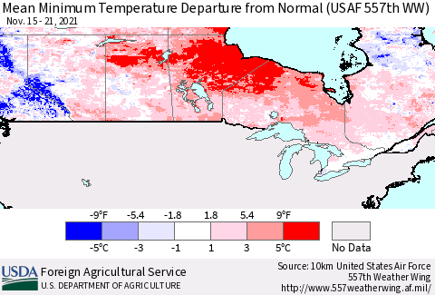 Canada Mean Minimum Temperature Departure from Normal (USAF 557th WW) Thematic Map For 11/15/2021 - 11/21/2021
