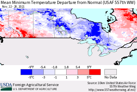 Canada Mean Minimum Temperature Departure from Normal (USAF 557th WW) Thematic Map For 11/22/2021 - 11/28/2021