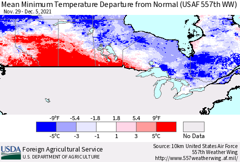 Canada Mean Minimum Temperature Departure from Normal (USAF 557th WW) Thematic Map For 11/29/2021 - 12/5/2021