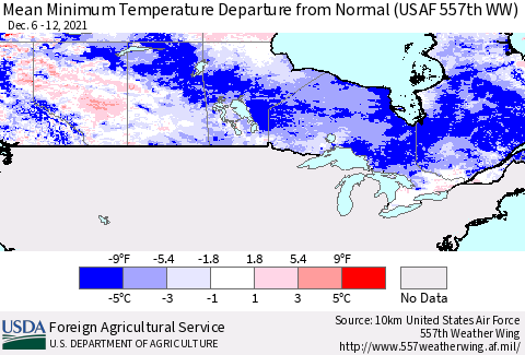Canada Mean Minimum Temperature Departure from Normal (USAF 557th WW) Thematic Map For 12/6/2021 - 12/12/2021
