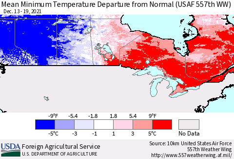 Canada Mean Minimum Temperature Departure from Normal (USAF 557th WW) Thematic Map For 12/13/2021 - 12/19/2021