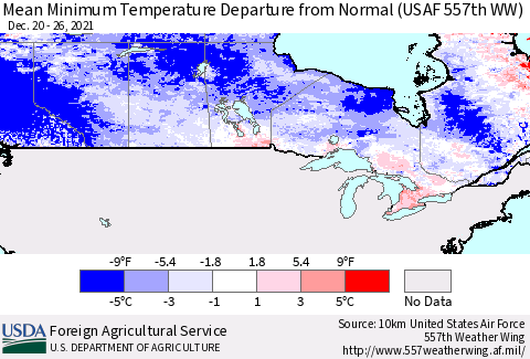 Canada Mean Minimum Temperature Departure from Normal (USAF 557th WW) Thematic Map For 12/20/2021 - 12/26/2021