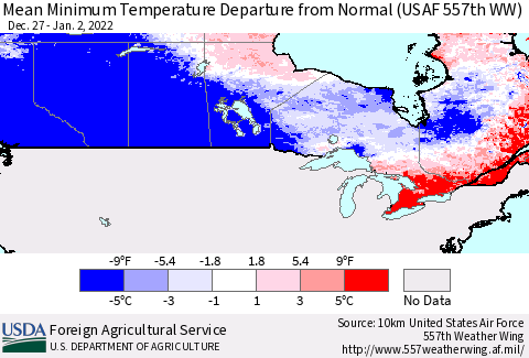 Canada Mean Minimum Temperature Departure from Normal (USAF 557th WW) Thematic Map For 12/27/2021 - 1/2/2022