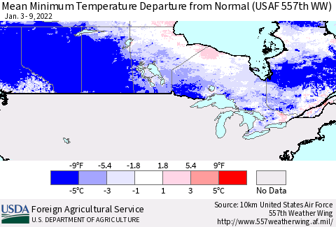 Canada Mean Minimum Temperature Departure from Normal (USAF 557th WW) Thematic Map For 1/3/2022 - 1/9/2022