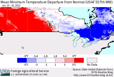 Canada Mean Minimum Temperature Departure from Normal (USAF 557th WW) Thematic Map For 1/10/2022 - 1/16/2022