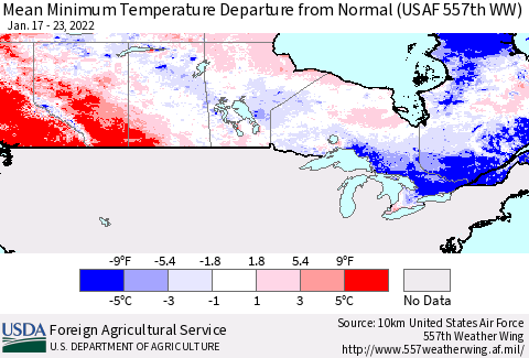 Canada Mean Minimum Temperature Departure from Normal (USAF 557th WW) Thematic Map For 1/17/2022 - 1/23/2022