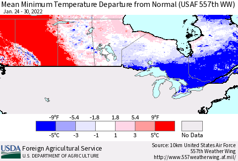 Canada Mean Minimum Temperature Departure from Normal (USAF 557th WW) Thematic Map For 1/24/2022 - 1/30/2022