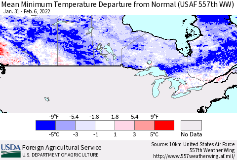 Canada Mean Minimum Temperature Departure from Normal (USAF 557th WW) Thematic Map For 1/31/2022 - 2/6/2022