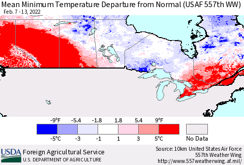 Canada Mean Minimum Temperature Departure from Normal (USAF 557th WW) Thematic Map For 2/7/2022 - 2/13/2022