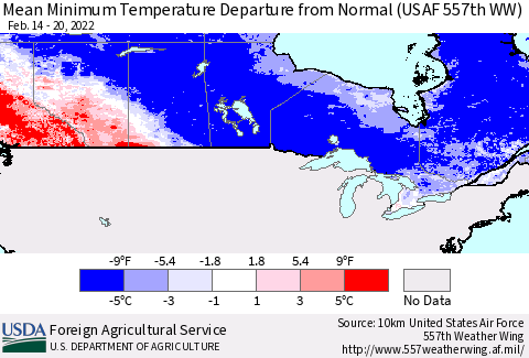 Canada Mean Minimum Temperature Departure from Normal (USAF 557th WW) Thematic Map For 2/14/2022 - 2/20/2022