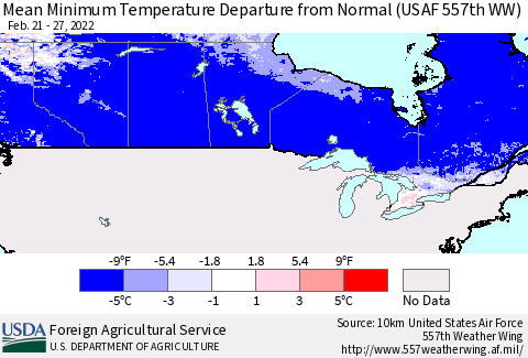 Canada Mean Minimum Temperature Departure from Normal (USAF 557th WW) Thematic Map For 2/21/2022 - 2/27/2022
