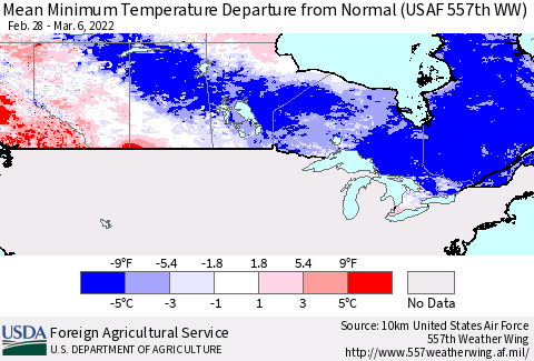 Canada Mean Minimum Temperature Departure from Normal (USAF 557th WW) Thematic Map For 2/28/2022 - 3/6/2022