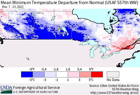 Canada Mean Minimum Temperature Departure from Normal (USAF 557th WW) Thematic Map For 3/7/2022 - 3/13/2022