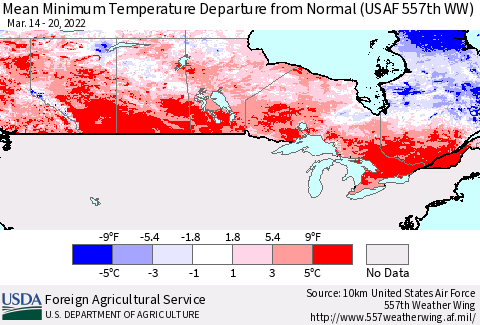 Canada Mean Minimum Temperature Departure from Normal (USAF 557th WW) Thematic Map For 3/14/2022 - 3/20/2022
