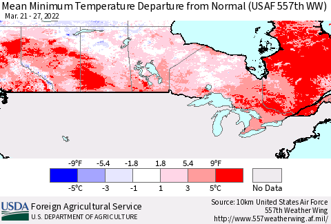 Canada Mean Minimum Temperature Departure from Normal (USAF 557th WW) Thematic Map For 3/21/2022 - 3/27/2022