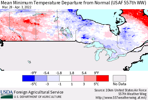 Canada Mean Minimum Temperature Departure from Normal (USAF 557th WW) Thematic Map For 3/28/2022 - 4/3/2022