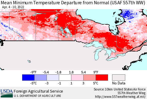 Canada Mean Minimum Temperature Departure from Normal (USAF 557th WW) Thematic Map For 4/4/2022 - 4/10/2022