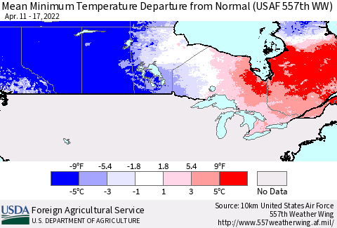 Canada Mean Minimum Temperature Departure from Normal (USAF 557th WW) Thematic Map For 4/11/2022 - 4/17/2022