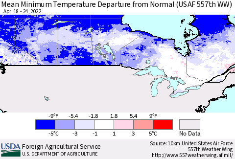 Canada Mean Minimum Temperature Departure from Normal (USAF 557th WW) Thematic Map For 4/18/2022 - 4/24/2022