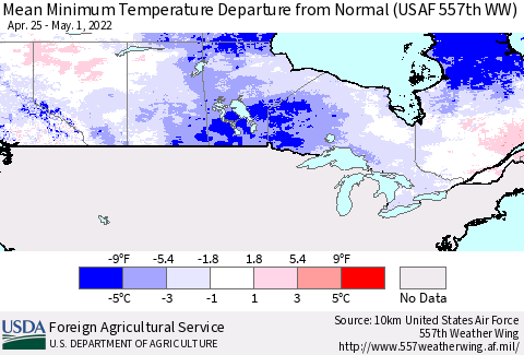 Canada Mean Minimum Temperature Departure from Normal (USAF 557th WW) Thematic Map For 4/25/2022 - 5/1/2022