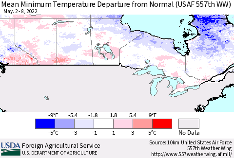 Canada Mean Minimum Temperature Departure from Normal (USAF 557th WW) Thematic Map For 5/2/2022 - 5/8/2022