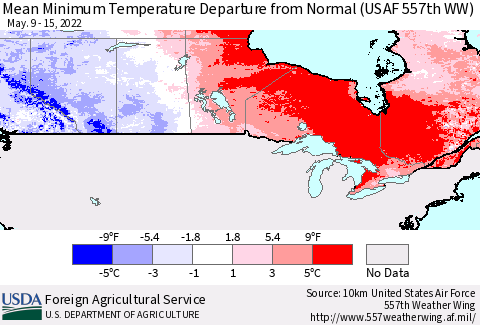 Canada Mean Minimum Temperature Departure from Normal (USAF 557th WW) Thematic Map For 5/9/2022 - 5/15/2022