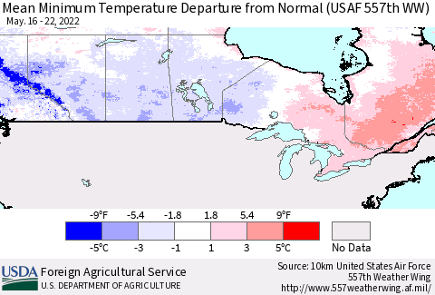 Canada Mean Minimum Temperature Departure from Normal (USAF 557th WW) Thematic Map For 5/16/2022 - 5/22/2022