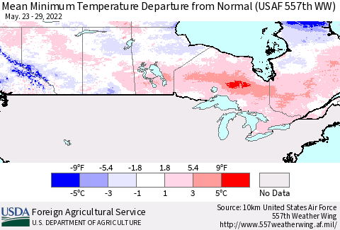 Canada Mean Minimum Temperature Departure from Normal (USAF 557th WW) Thematic Map For 5/23/2022 - 5/29/2022