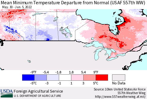 Canada Mean Minimum Temperature Departure from Normal (USAF 557th WW) Thematic Map For 5/30/2022 - 6/5/2022