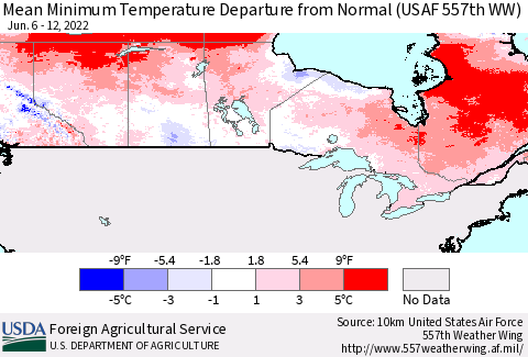 Canada Mean Minimum Temperature Departure from Normal (USAF 557th WW) Thematic Map For 6/6/2022 - 6/12/2022