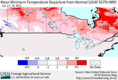 Canada Mean Minimum Temperature Departure from Normal (USAF 557th WW) Thematic Map For 6/13/2022 - 6/19/2022