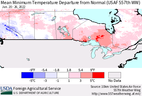 Canada Mean Minimum Temperature Departure from Normal (USAF 557th WW) Thematic Map For 6/20/2022 - 6/26/2022
