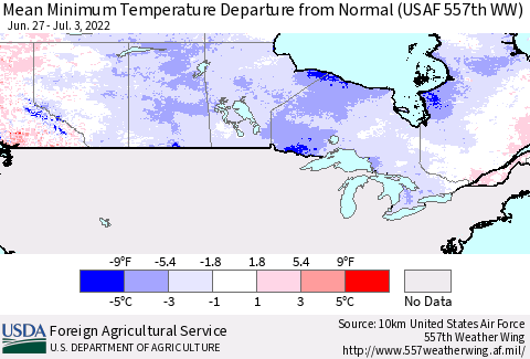 Canada Mean Minimum Temperature Departure from Normal (USAF 557th WW) Thematic Map For 6/27/2022 - 7/3/2022