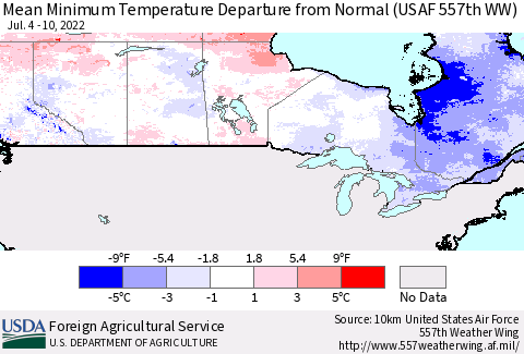 Canada Mean Minimum Temperature Departure from Normal (USAF 557th WW) Thematic Map For 7/4/2022 - 7/10/2022