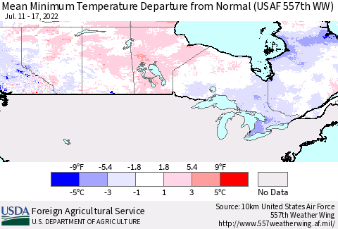 Canada Mean Minimum Temperature Departure from Normal (USAF 557th WW) Thematic Map For 7/11/2022 - 7/17/2022