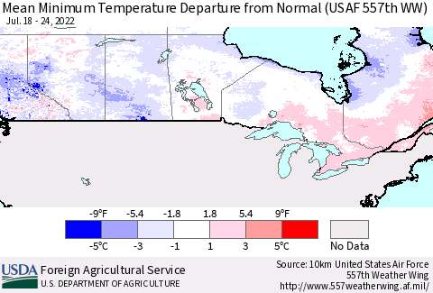 Canada Mean Minimum Temperature Departure from Normal (USAF 557th WW) Thematic Map For 7/18/2022 - 7/24/2022