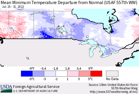 Canada Mean Minimum Temperature Departure from Normal (USAF 557th WW) Thematic Map For 7/25/2022 - 7/31/2022
