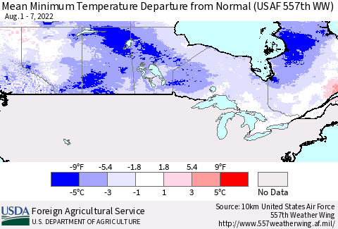 Canada Mean Minimum Temperature Departure from Normal (USAF 557th WW) Thematic Map For 8/1/2022 - 8/7/2022