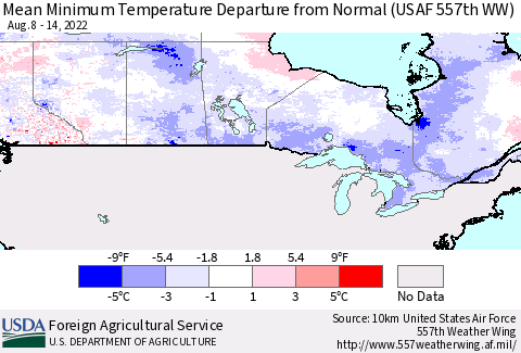 Canada Mean Minimum Temperature Departure from Normal (USAF 557th WW) Thematic Map For 8/8/2022 - 8/14/2022