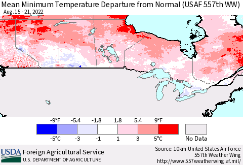 Canada Mean Minimum Temperature Departure from Normal (USAF 557th WW) Thematic Map For 8/15/2022 - 8/21/2022