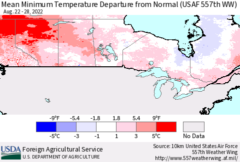 Canada Mean Minimum Temperature Departure from Normal (USAF 557th WW) Thematic Map For 8/22/2022 - 8/28/2022