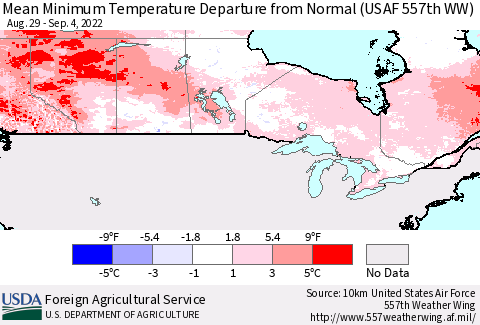 Canada Mean Minimum Temperature Departure from Normal (USAF 557th WW) Thematic Map For 8/29/2022 - 9/4/2022