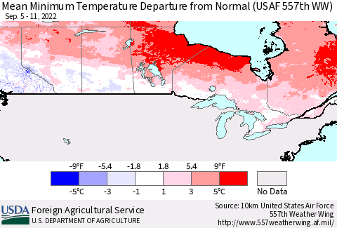 Canada Mean Minimum Temperature Departure from Normal (USAF 557th WW) Thematic Map For 9/5/2022 - 9/11/2022