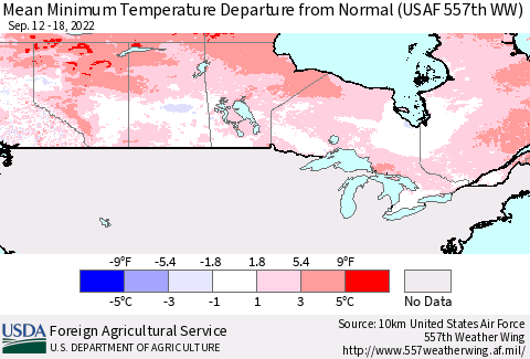Canada Mean Minimum Temperature Departure from Normal (USAF 557th WW) Thematic Map For 9/12/2022 - 9/18/2022