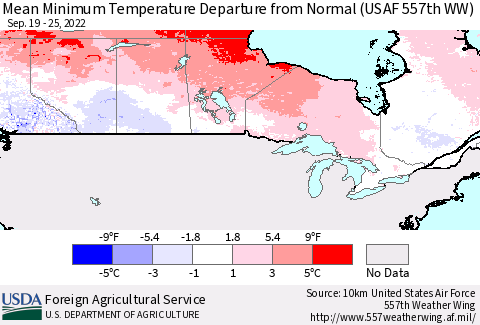 Canada Mean Minimum Temperature Departure from Normal (USAF 557th WW) Thematic Map For 9/19/2022 - 9/25/2022