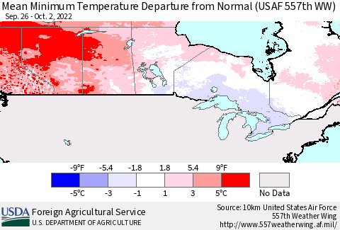 Canada Mean Minimum Temperature Departure from Normal (USAF 557th WW) Thematic Map For 9/26/2022 - 10/2/2022