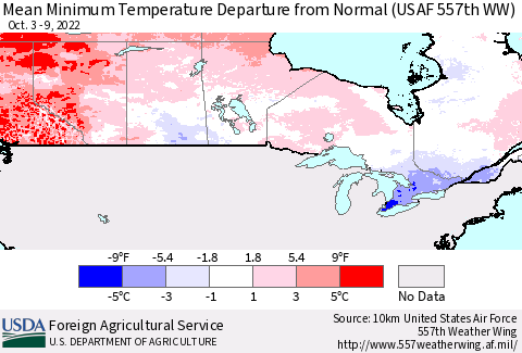 Canada Mean Minimum Temperature Departure from Normal (USAF 557th WW) Thematic Map For 10/3/2022 - 10/9/2022