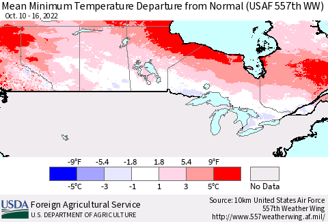 Canada Mean Minimum Temperature Departure from Normal (USAF 557th WW) Thematic Map For 10/10/2022 - 10/16/2022
